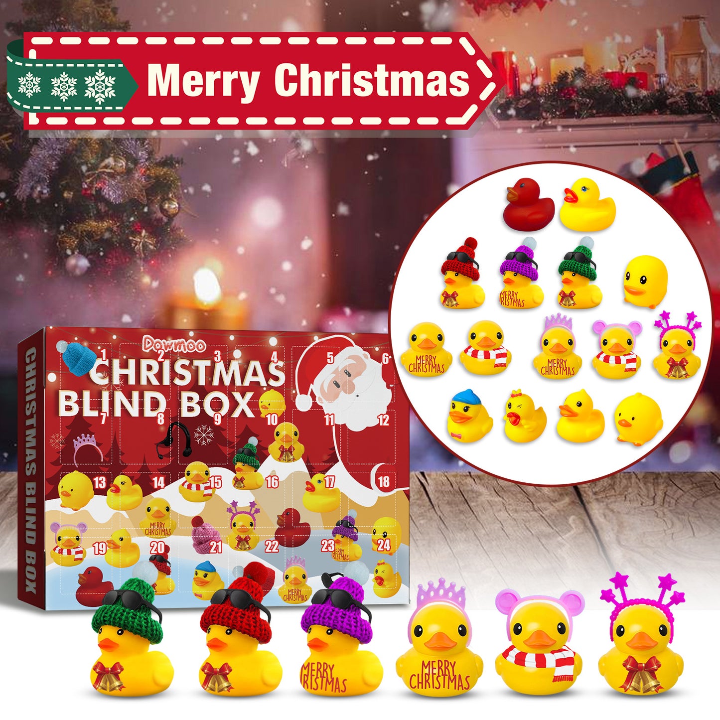 24-Day Advent Calendar with 24 unique holiday-themed mini rubber ducks