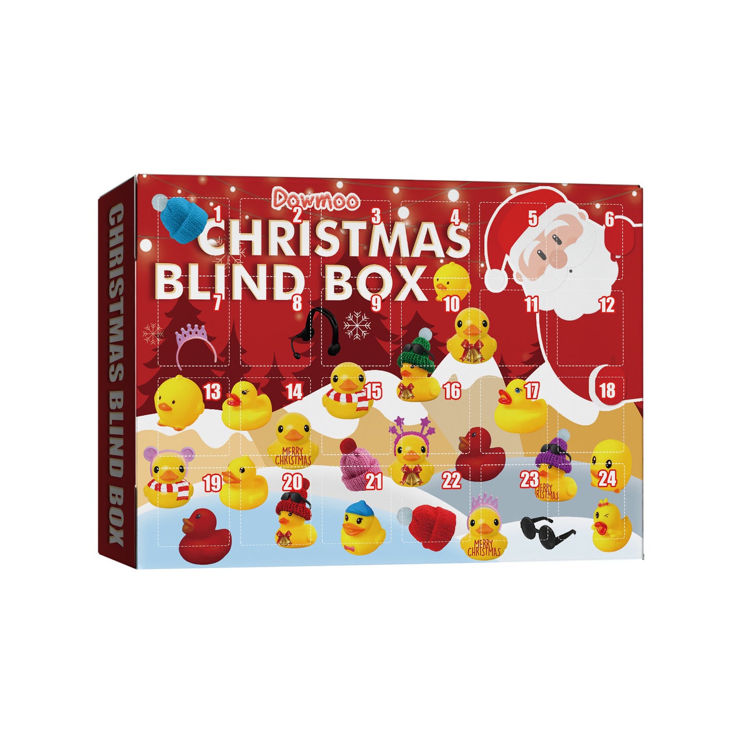 24-Day Advent Calendar with 24 unique holiday-themed mini rubber ducks
