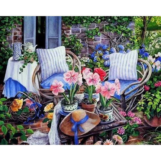 Adult Paint by numbers - Courtyard summers Framed canvas 50 x 40