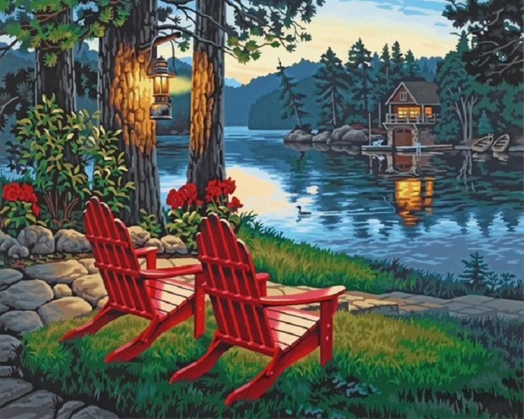 Paint By numbers for Adults Red Deck Chairs at the Lake