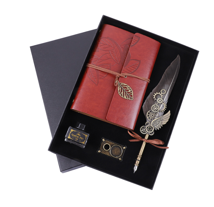 Leaf Leather Notebook Journal A6 and a feather quill pen set