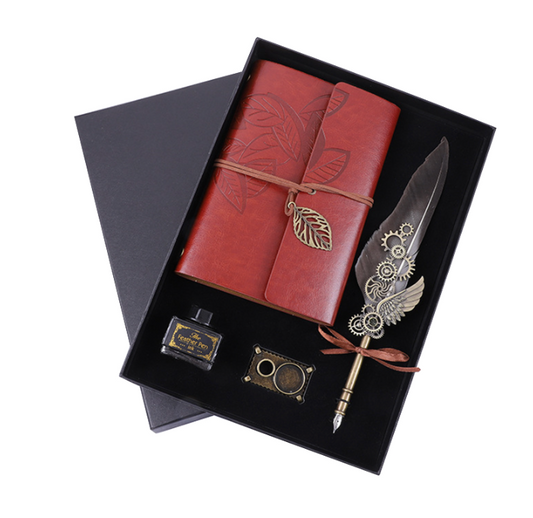 Leaf Leather Notebook Journal A6 and a feather quill pen set