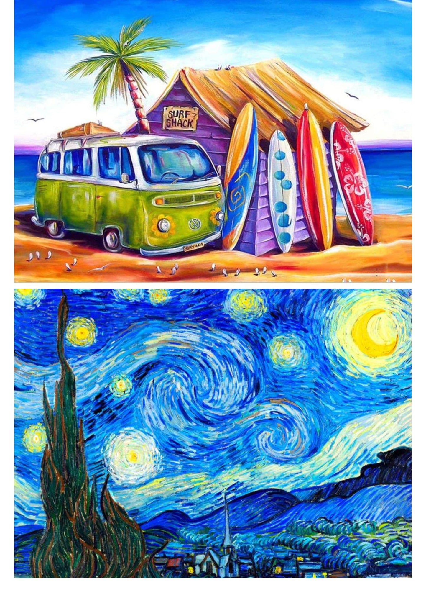 Set of 2 Diamond dot painting 30 x 40 cm -Surf Shack & Van Gogh Starry Night