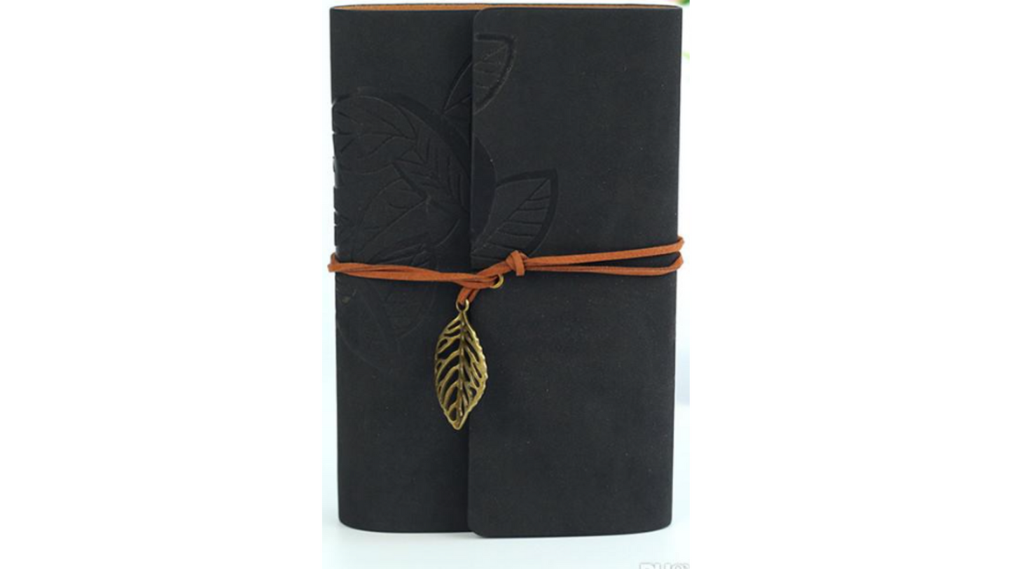 Leather hand ledger leaves retro A5 notebook- Black