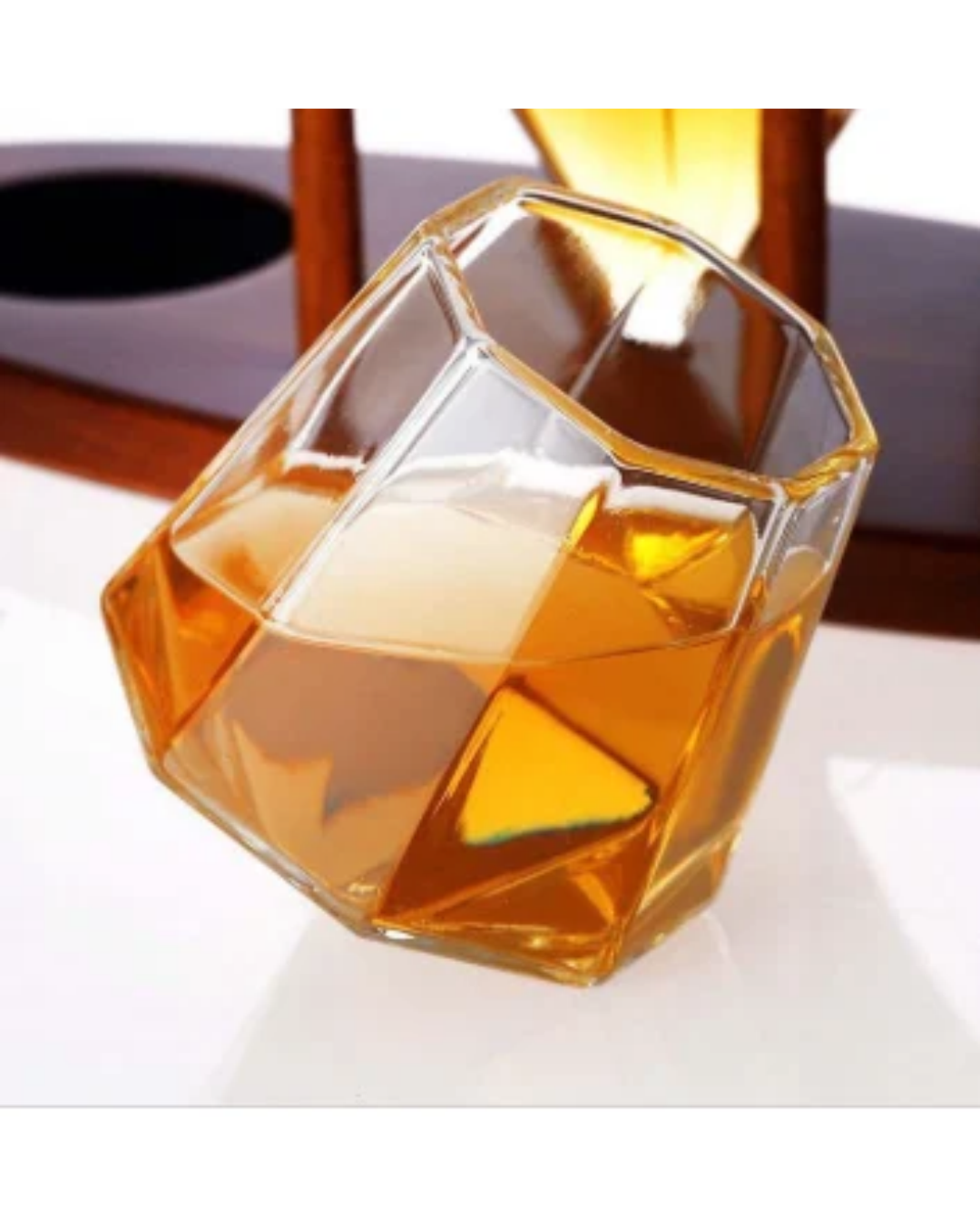 Diamond shaped whiskey decanter with 2 Diamond Glasses and Wooden Holder
