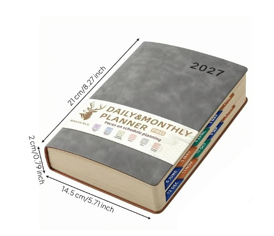 2027 A5 Daily & Monthly Planner Notebook a pen-Grey