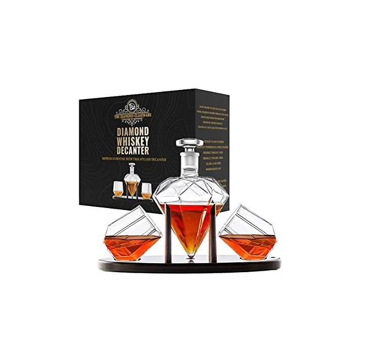 Diamond shaped whiskey decanter with 2 Diamond Glasses and Wooden Holder