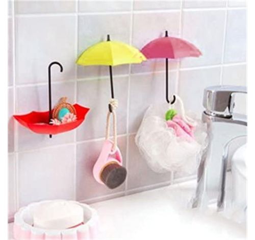 Set of three umbrella hooks, red, pink yellow